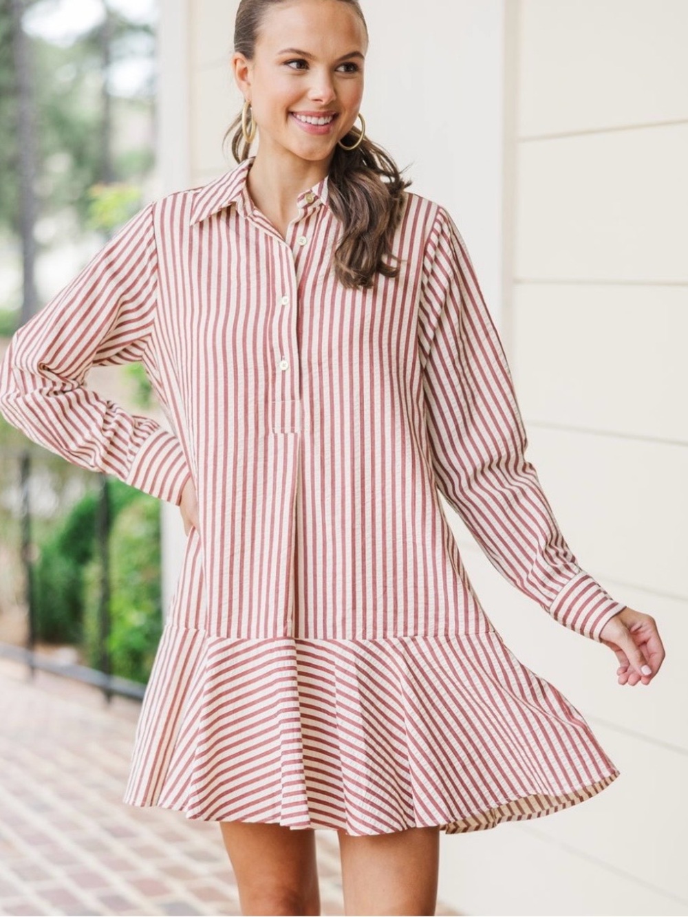 Entro stripes button front long sleeve dress with ruffle skirt boutique